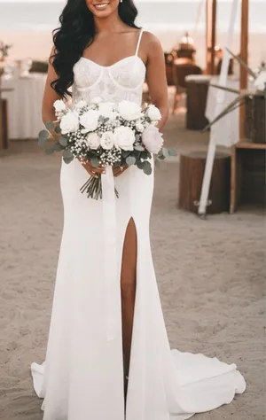 Lulus Elevated Glamour White Satin Sequin Bustier Mermaid Maxi Wedding Dress thumbnail 1