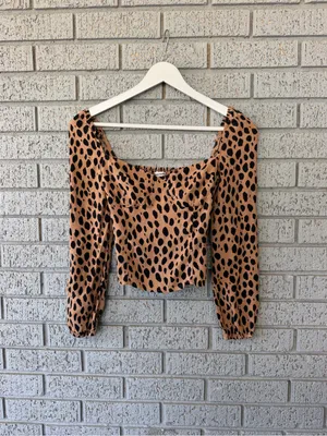 Reformation Reign Top Bobcat Animal Print Size 0 Tan Black Smocked thumbnail 3