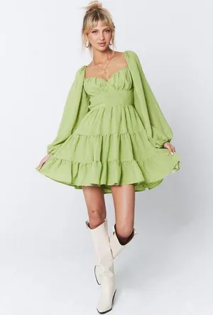 Princess Polly Green Danny Long Sleeve Open Back Tiered Fit & Flare Mini Dress 2 thumbnail 2