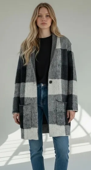 American Eagle Buffalo Plaid Longline Cardigan Sweater Black Grey White L/XL‎ thumbnail 1