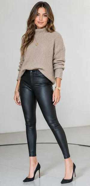 NWT Six Denim High Rise Coated Skinny Faux Leather Pants Black Edgy Stretch Sz L thumbnail 1