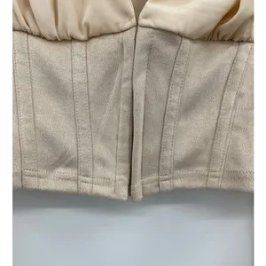 Love X Design Womens Crop Blouse Top Lantern Sleeves V-Neck Tan Beige NEW Medium thumbnail 2