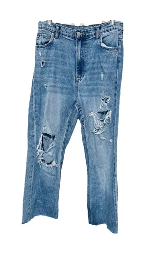 Zara High Waist Straight Leg 90s Full Length Jeans Sz 26/27 Thrashed Distressed thumbnail 1