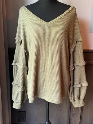 BTFBM Ruffled Sleeve V-Neck Knit Top — Olive large thumbnail 1