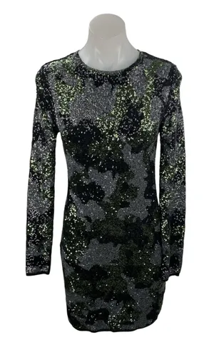 Zara Black Green Camo Sequin Sparkly Long Sleeve Crew Neck Mini Bodycon Dress M thumbnail 1