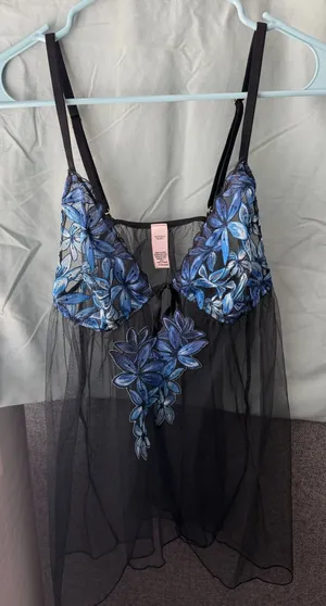 Victoria's Secret Black & Blue Floral Sheer Babydoll Lingerie thumbnail 1