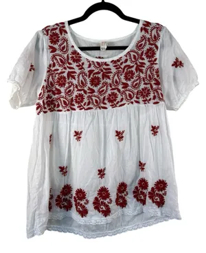 Raga White Red Embroidered Floral Babydoll Blouse Womens L Boho Cotton Top thumbnail 1