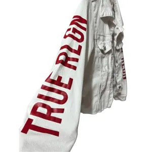 True Religion Fashion trucker with‎ Red Logo on Sleeves Sz XS White Jean Jacket thumbnail 9
