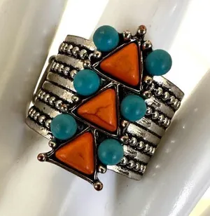 Blue and orange silver tone stretchy ring thumbnail 1