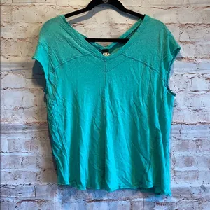 Free People Teal cap sleeve v neck shirt distress thumbnail 1