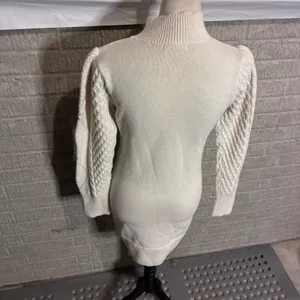 BB Dakota‎ Steve Madden Ivory Cable Knit Puff Sleeve Mock Neck Sweater Dress S thumbnail 3