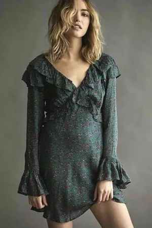FREE‎ PEOPLE SWEETEST THING RUFFLE GREEN FLORAL MINI DRESS size 0 thumbnail 1