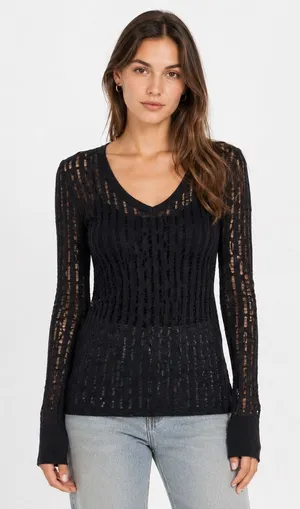 BKE Long Sleeve Top XL Black V-Neck Open Knit Distressed Textured Goth Punk thumbnail 1