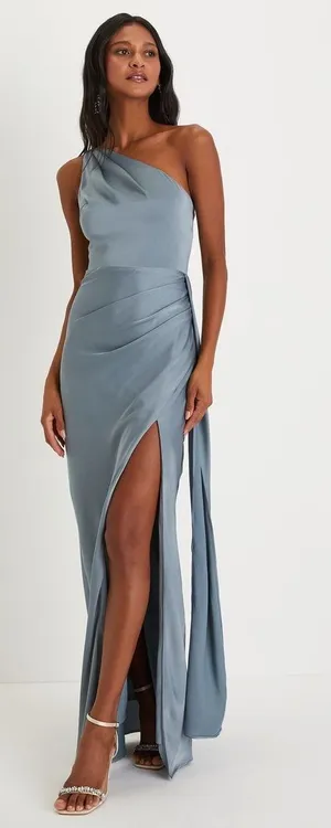 NWT Lulus Signature Elegance Slate Blue Satin One-Shoulder Maxi Dress Banquet XS thumbnail 1