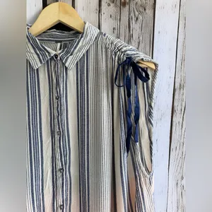 Free People Ombré Baby Blue Striped Button-Down Shirt with Tie Sleeves thumbnail 7