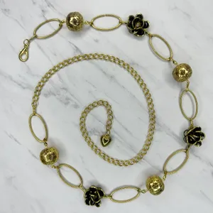 Black Rhinestone Flower Gold Tone Chain Link Belt One Size (OS) ✨ thumbnail 1
