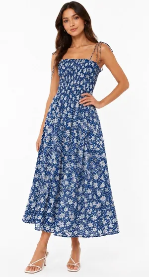 NWOT Reformation Sable Smocked Tie Midi Dress in Mari Blue White Floral Size XS thumbnail 1