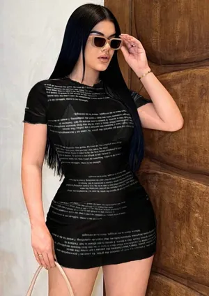 SHEIN SXY Short Sleeve Round Neck Letter Print Bodycon Midi Dress, Sexy for Summer thumbnail 1