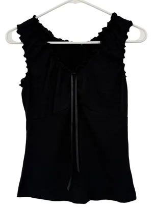 Brandy Melville Black Crinkle Ruffle‎ Tank Top Ribbon Tie OS Whimsigoth Romantic thumbnail 1