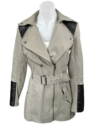 Guess Women's Tan Leather Trim Long Sleeve Zip Up Belted Trench Coat Jacket Sz S thumbnail 1