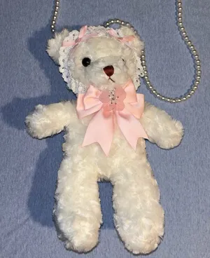 Plush White Teddy Bear Purse with Pink Bow thumbnail 1