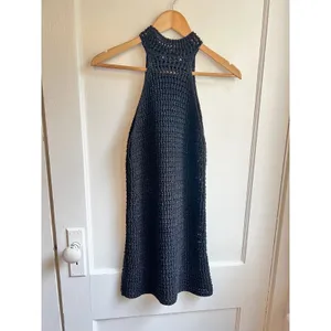Mango Black Metallic Knit Halter Mini Dress XS Open Crochet Shimmer thumbnail 4