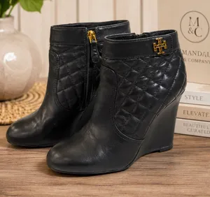 Tory Burch Leila Black Quilted Leather Wedge Ankle Booties Gold Logo Zip Size 8M thumbnail 1