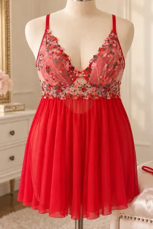 Women’s 3XL Red Floral Embroidered Sheer Mesh Babydoll Lingerie & Matching Thong thumbnail 1