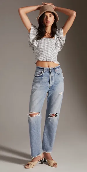 Anthropologie Maeve Crinkle Gingham Smocked Top thumbnail 3