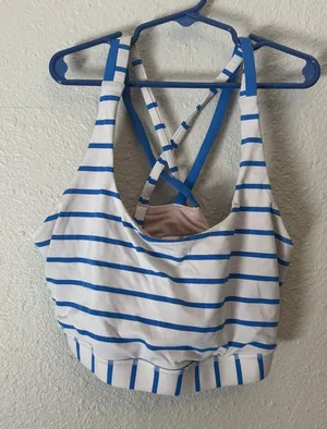 Lululemon Striped Blue and White Crisscross Sports Bra thumbnail 1