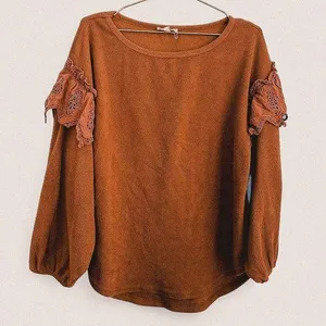 Entro fleece eyelet lace ruffle romantic cozy neutral brown top sz Small boho thumbnail 1