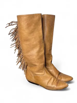 Vintage Zodiac Camel Brown Leather Fringe Trim Tall Boots Western Boho Cowgirl thumbnail 1