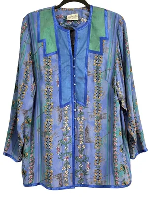 Maggie Shepherd Blue Floral Button Front Blouse Boho Top M Size M thumbnail 2