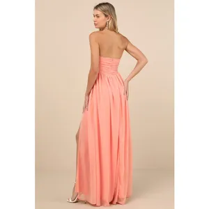 NWT Lulus Luxe Favorite Peach Pink Strapless Ruched Maxi Dress Bridesmaid Size M thumbnail 4