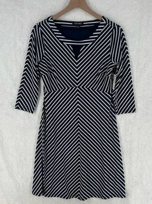Roz & Ali Nautical Navy Blue White Striped Stretch Jersey Knit Keyhole‎ Dress thumbnail 1