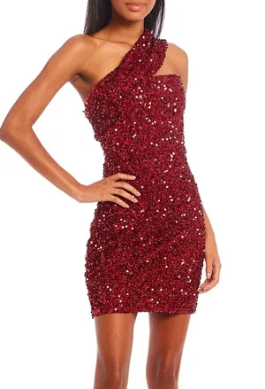 GB New With Tag Social Red One Shoulder Juniors' Sequin & Sparkling Mini Dress thumbnail 1