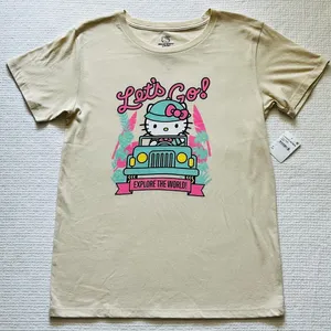 Hello Kitty Tan T-Shirt - Let's Go! Explore The World Car Ride Roadtrip Medium thumbnail 1