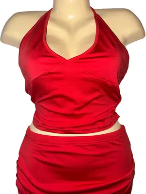 Red Halter Crop Top & Ruffled Mini Skirt Set Size M thumbnail 2