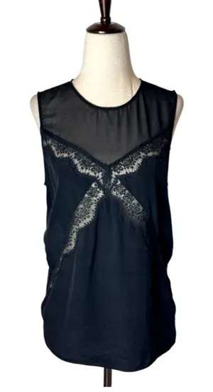 Sandro Shirt Women Small Black Sheer Bodice Lace Detail Top Whimsigoth Gothic‎ thumbnail 1