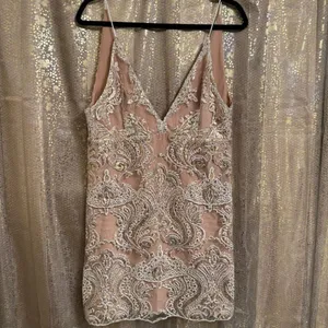 Free People Night Shimmers Gold Nude Sparkly Mini Dress Size 12 thumbnail 3