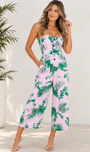 ASOS DESIGN bandeau button front jumpsuit with pockets in tropical print Sz 2 thumbnail 1
