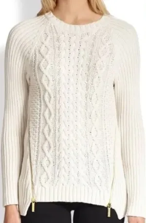 Michael Michael Kors White Cable Knit Chunky Sweater w/ gold zippers on side thumbnail 1