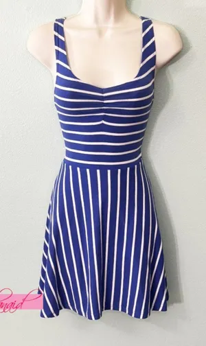Derek Heart Striped Ruched Scrunched Sweetheart Bust Skater A-Line Fit & Flare S thumbnail 1