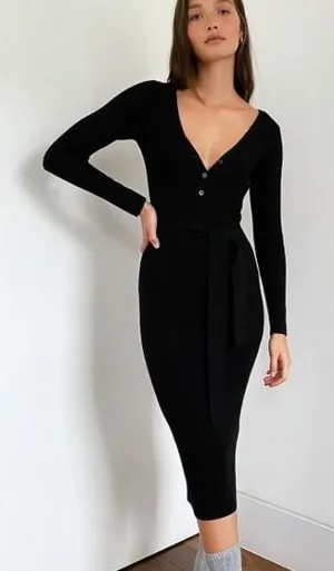 Aritzia The Group By Babaton‎ Henley Sweater Dress Wool Black Midi V-Neck Medium thumbnail 1
