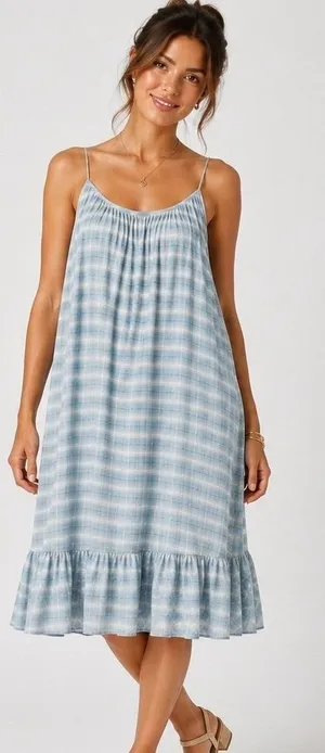 Storia Boho Cottagecore Plaid Ruffle Hem Sundress‎ Women Large Light Blue Cotton thumbnail 1