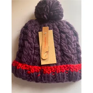 Chunky Knit Pom Beanie in Purple with Red Stripe Merrell thumbnail 2