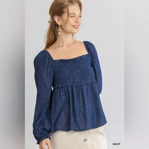 NWT Umgee Blue with Gold Metallic Stripes Smocked Babydoll Top Celestial Boho L thumbnail 3