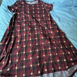 LuLaRoe Carly Women's Swing Dress Geometric Brick Red Squares Small thumbnail 1