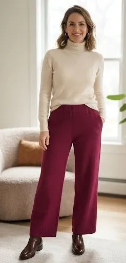 Storybook Knits Burgundy Wide Leg Knit Pants Womens Medium Elastic Waist Relax thumbnail 1