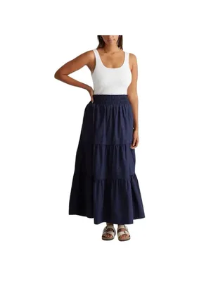 Quince Womens 100% Organic Cotton Poplin Tiered Maxi Skirt Navy XS Boho NWT thumbnail 2